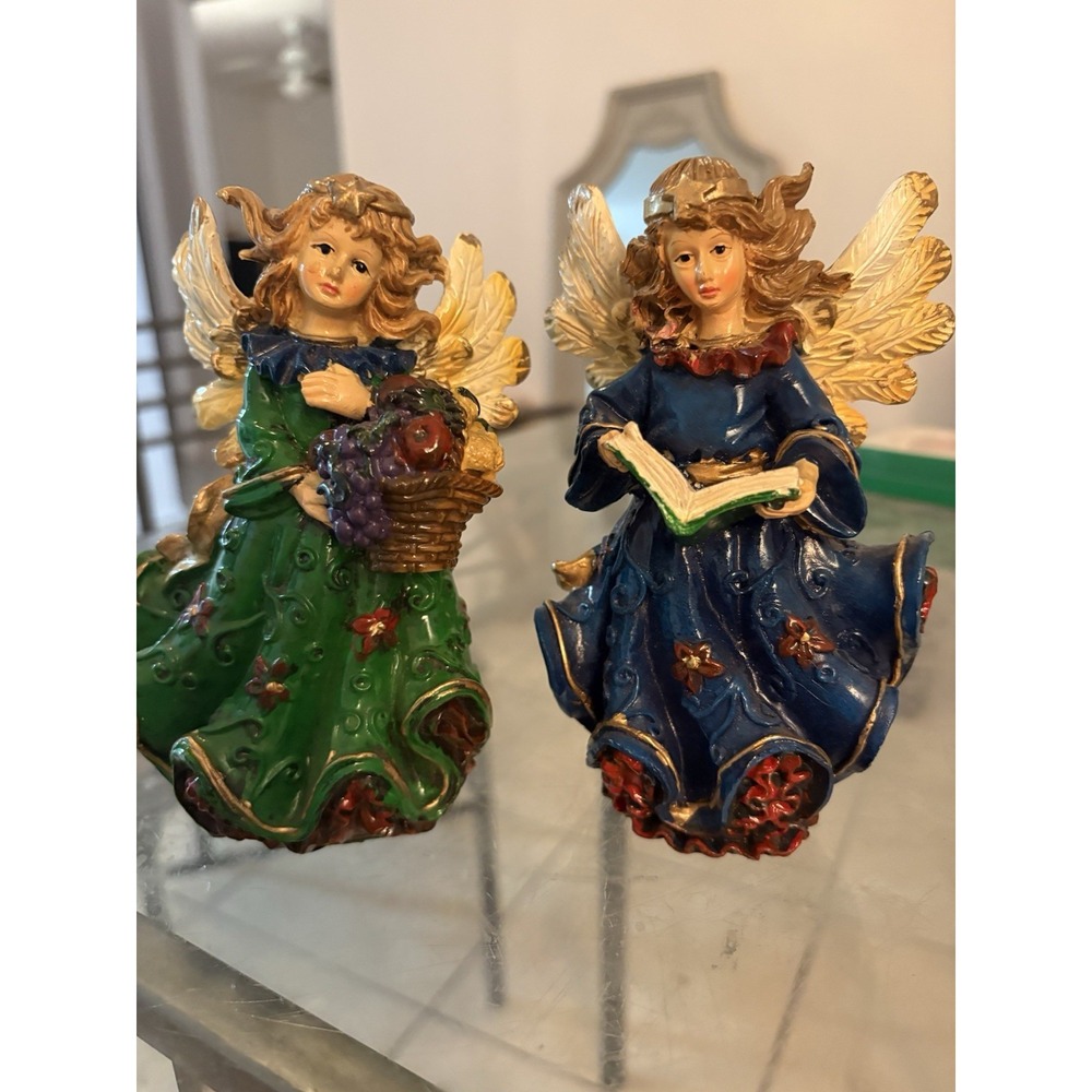 Ks Collection Angel Figurines Set of 2 Resin Gold Wings Blue Green Dress Statues